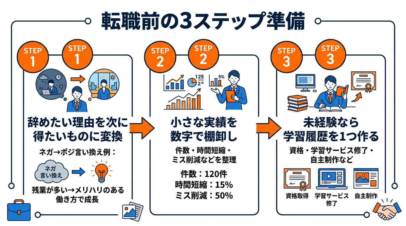 転職前に固めるべき3つの準備ステップ（理由整理・実績棚卸し・学習履歴作成）