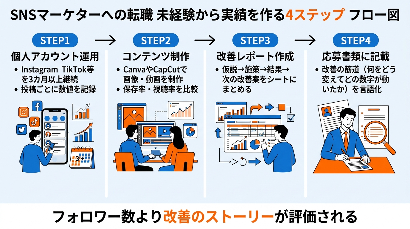 未経験からSNSマーケターを目指す4ステップ：個人運用→制作→レポート→書類化
