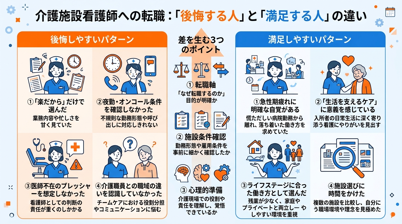 後悔する人・満足する人の違いを左右で比較。差を生む3つのポイント（転職軸・施設条件確認・心理的準備）を整理